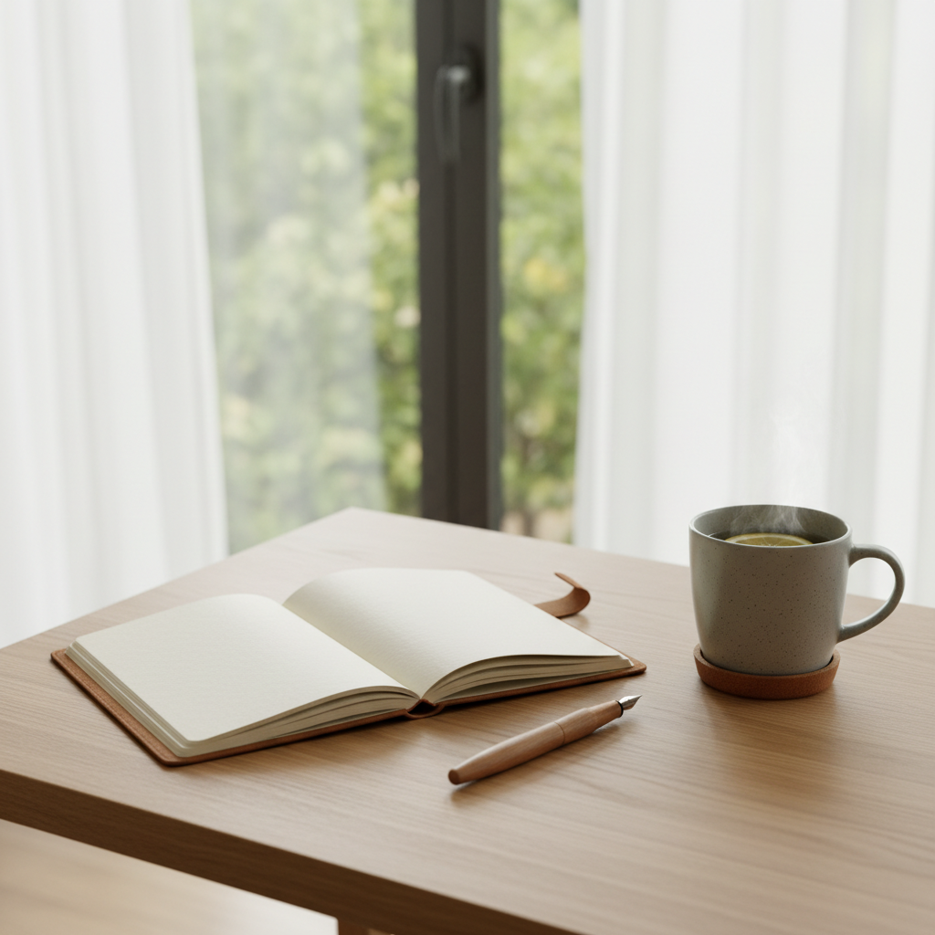 A neatly arranged coaching workspace without any people, featuring an open notebook with a blank, creamy page, a smooth wooden pen, and a ceramic mug of herbal tea on a light oak desk. Beyond the desk, a large window reveals soft-focus greenery outside. Gentle morning daylight filters through sheer white curtains, creating diffused, calming illumination and subtle reflections on the desk surface. The composition is photographed at eye level with a shallow depth of field, keeping the notebook in crisp focus while the background fades into a soft blur. The mood is calm, professional, and welcoming, conveying space for reflection and what truly matters, in a clean, modern, photographic realism style.