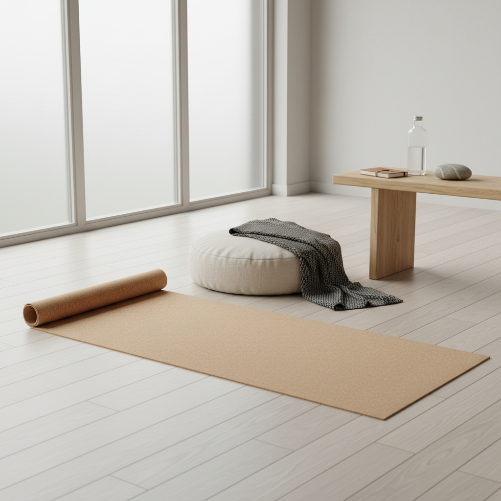 An airy studio corner that blends gentle movement and coaching, without showing any people. A natural cork yoga mat lies on a pale wooden floor next to a low, round cushion and a folded, neutral-toned blanket. On a nearby wooden bench sit a glass water bottle, a closed journal, and a smooth stone used as a tactile focus object. Soft overcast daylight filters in from a large side window, giving the space an even, tranquil glow with minimal shadows. Shot in photographic realism from a low, slightly diagonal angle, the composition emphasizes openness, accessibility, and sustainable well-being rather than intense performance, with a calm, minimalist aesthetic.