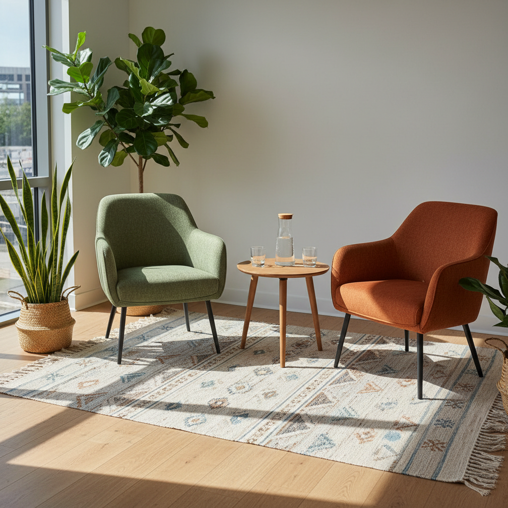 A serene meeting room designed for reflective coaching sessions, completely empty of people. Two comfortable, fabric-upholstered armchairs in muted earth tones face each other with a low, round wooden table between them, holding a glass carafe of water and two simple tumblers. Large potted plants soften the corners of the room, and a soft, woven rug anchors the seating area on a light wooden floor. Natural daylight streams in from a side window, creating gentle shadows and a soothing atmosphere. Captured in photographic realism from a slightly elevated angle, with balanced composition and sharp focus throughout, the scene feels calm, safe, and conducive to meaningful, sustainable conversations at work.