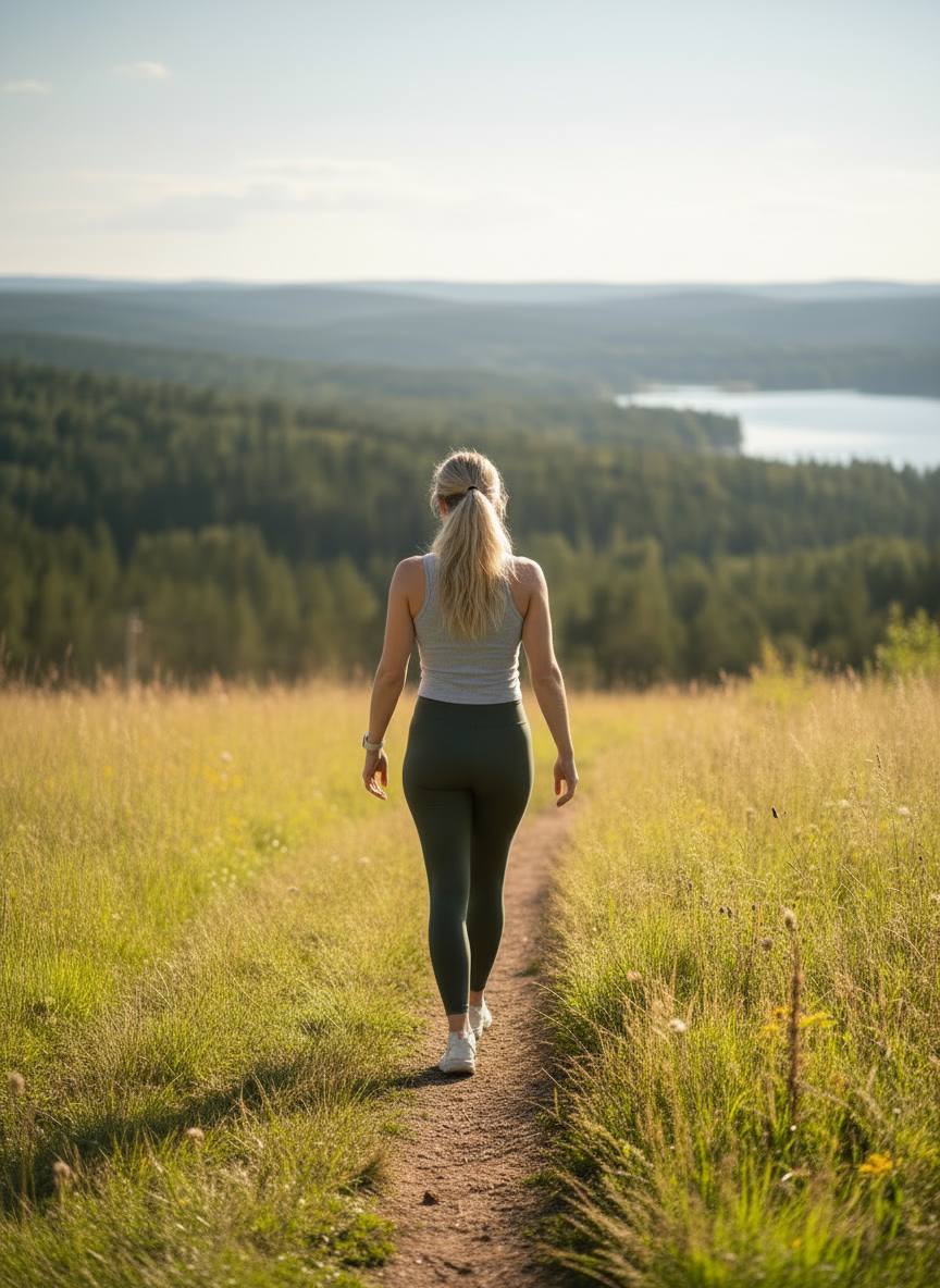 A curvy blonde woman seen from behind, standing or walking in a bright natural outdoor setting. Her arms are relaxed and down by her sides. She has a fuller, curvier body shape. Soft, natural daylight. Calm and grounded atmosphere. Focus on movement, body awareness and presence. Clean, modern photographic realism style with shallow depth of field. No yoga poses, no raised arms.