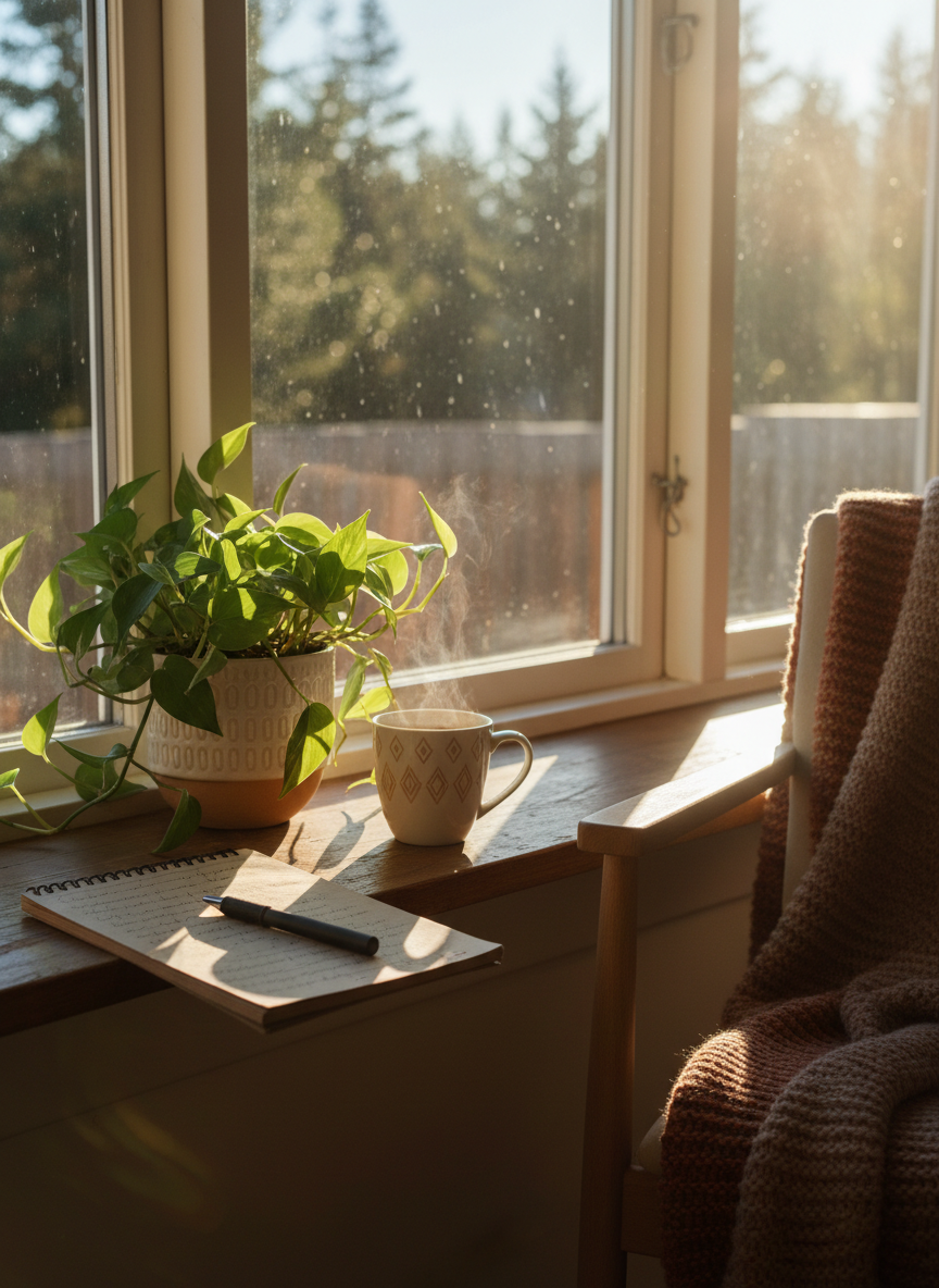 A warm, vibrant scene full of life and energy — no people. A sun-drenched windowsill with a thriving green plant, a steaming cup of coffee, an open notebook with a pen resting on it, and soft golden morning light streaming in. The atmosphere feels alive, hopeful and grounded. Warm earthy tones, Scandinavian aesthetic, cozy and inviting.