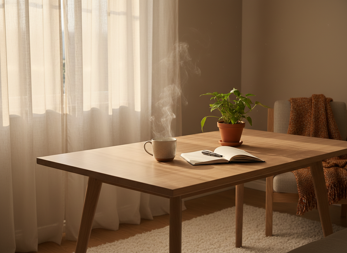 A warm, cozy Scandinavian interior scene — no people. A light wooden table with a steaming cup of tea, an open notebook with a pen resting on it, a small green plant, and soft golden morning light filtering through sheer curtains. Warm earthy tones, calm and inviting atmosphere. Wide horizontal 16:9 composition.